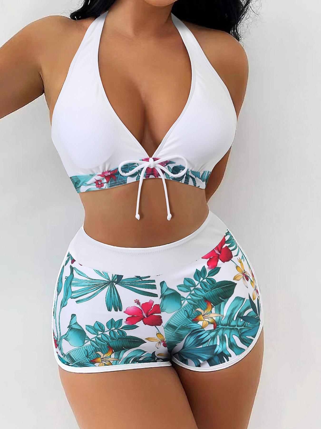 Two-Piece Set Women's Tropical Print Tie Front Halter Tankini Set, Casual Sleeveless Swim Top & Swim Shorts for Summer Beach Holiday Vacation, Summer Outfits 2024, Tankini Bathing Suits
