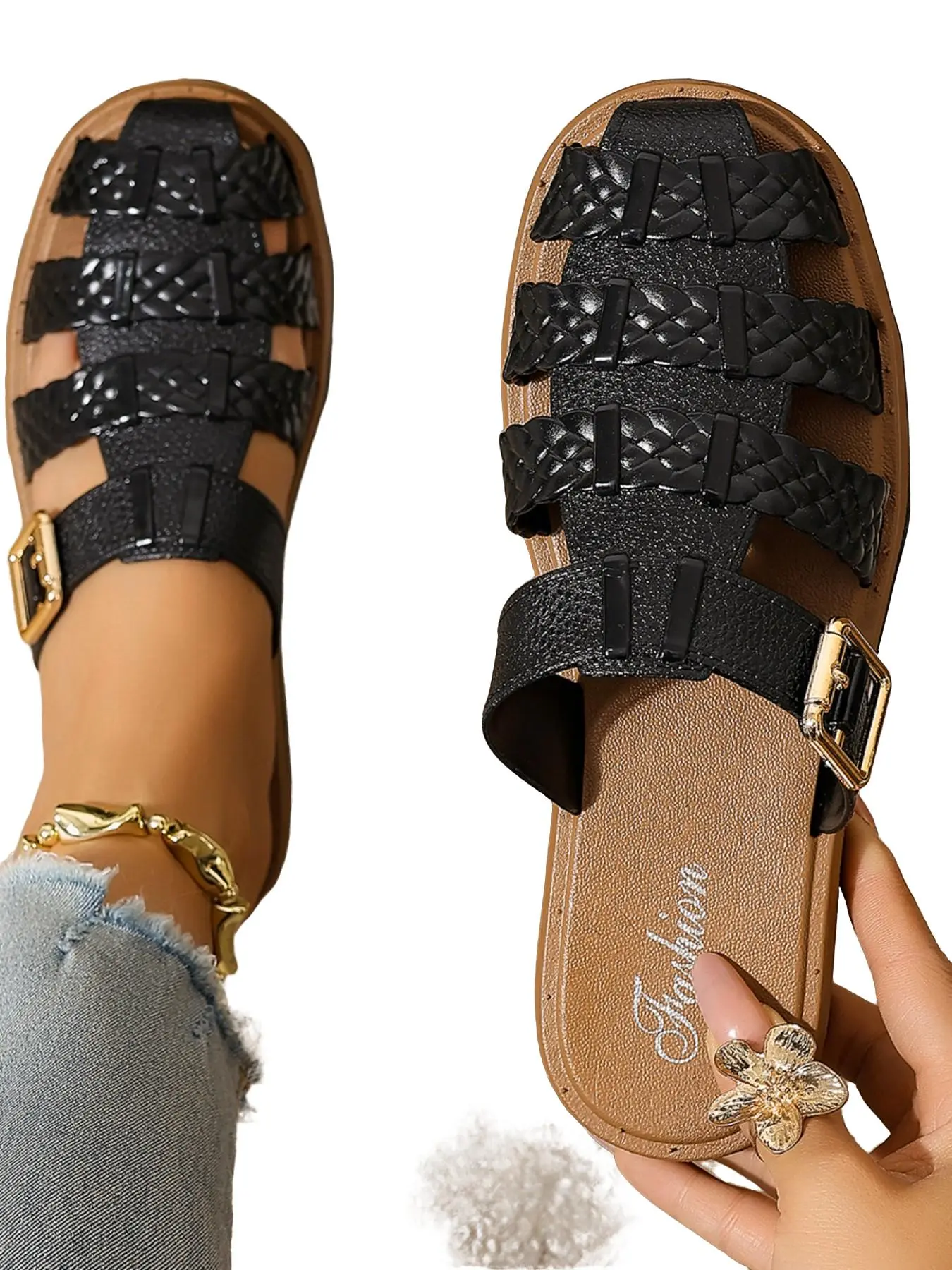 Women's Vintage Woven Cage Sandals, Adjustable Buckle, Comfortable Casual Shoes, Ideal for Daily Commute, Beach, Shopping, Outdoor Wear