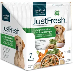 JustFresh Wet Dog Food, Fresh Pet Meals and Toppers with No Preservatives, Resealable Package, Human Grade, Home-Cooked Chicken, 12 oz - 7 Pack