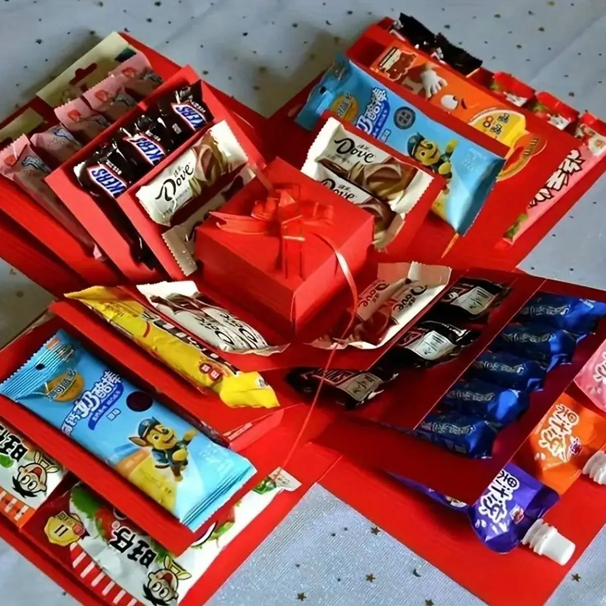 5 Layer Surprise Explosion Gift Box with Ribbon, Multi-Pocket Snack and Candy Storage, Perfect for Birthday, Holiday, Vacation