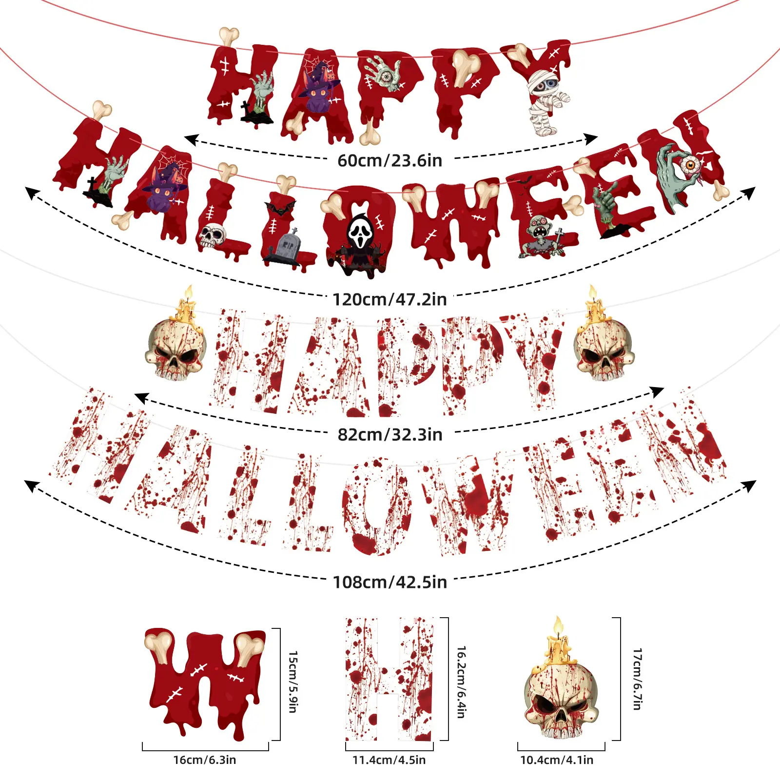 2 Sets Horror Blood‑Style Happy Halloween Paper Banner Indoor Outdoor Party Hanging Decoration