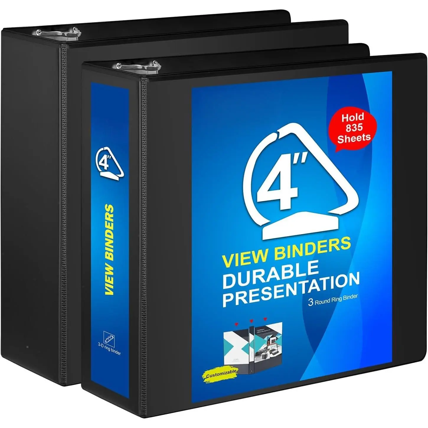 4 Inch D Ring View Binder with Large 4" Slant-D Ring, 2 Pack, Black | Durable, Fit 8.5" x 11" Paper 835-Sheet Capacity, Clear View Cover, 2 Interior Pockets, PVC-Free, Office  School use