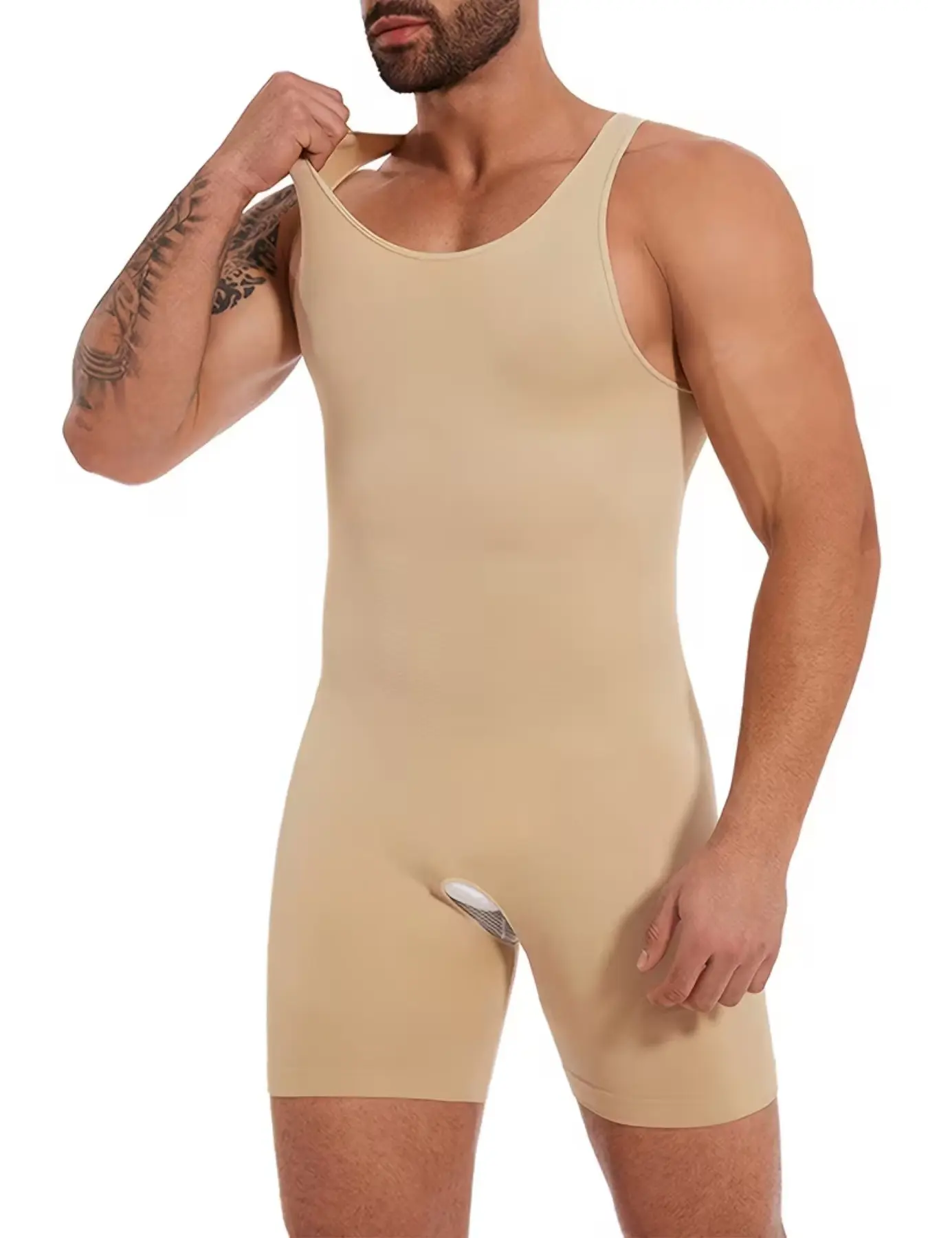 1 Count Men's U Neck Sleeveless Compression Outfit Shapewear Bodysuit, Fajas, Open Crotch Design Shapewear, Waist Abdomen Compression Bodysuit, Butt Lifting And Tummy Control, Soft Breathable Stretch Fabric Body Shaper, Perfect For Daily Gym Yoga Training
