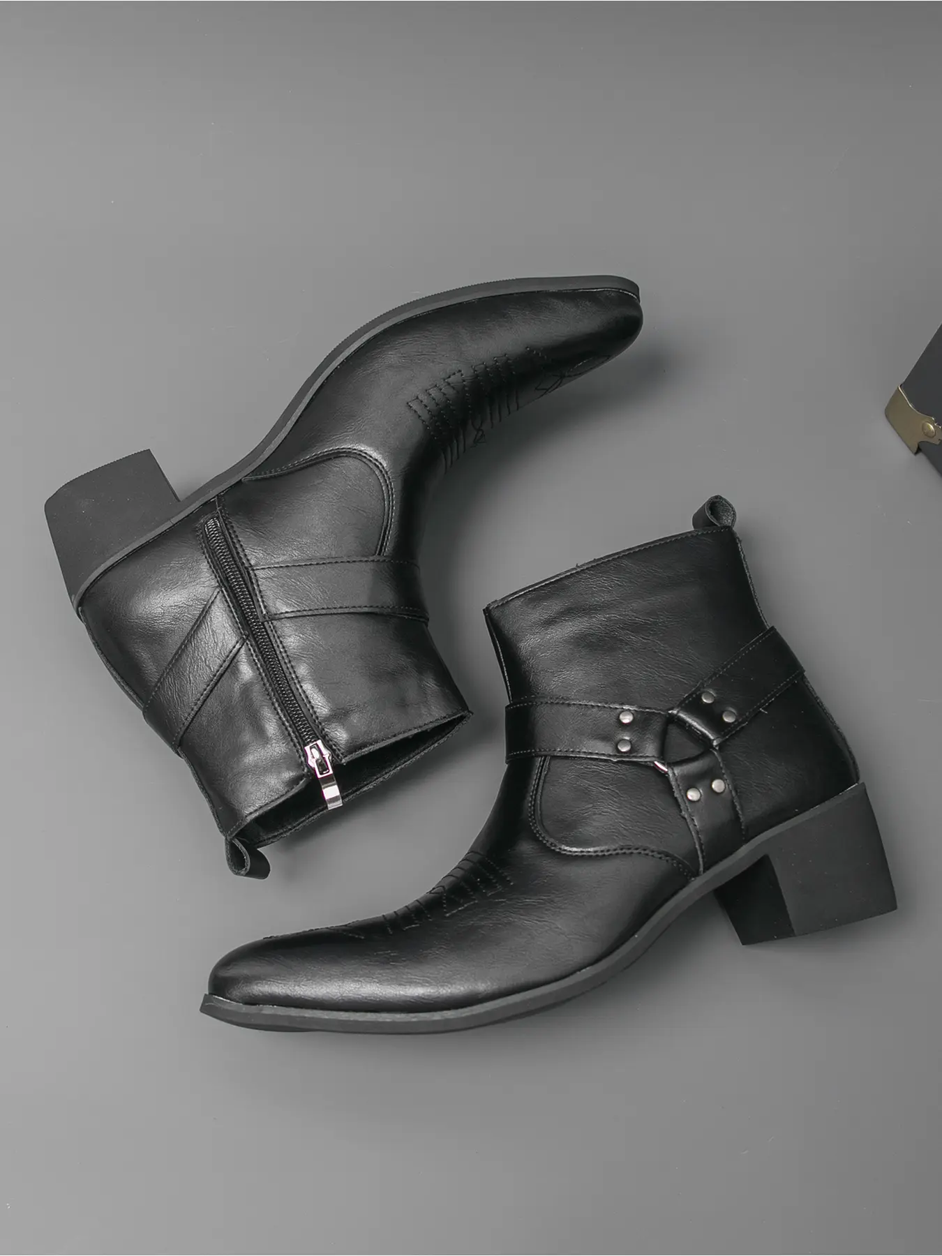 Men's Western Style High Heel Short Boots, Rivet Strap Side Zipper Pointed Toe Vintage Denim Mid-Calf Leather Boots