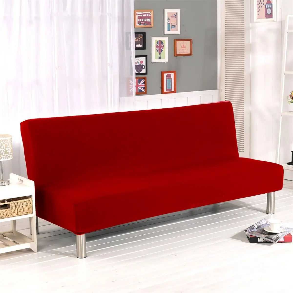 Stretch Futon Cover Armless Sofa Slipcover Foldable Sofa Bed Covers with Elastic Band, Machine Washable (Red), Elastic Buckle-Free Single Sofa Cover, 21-26 Inches
