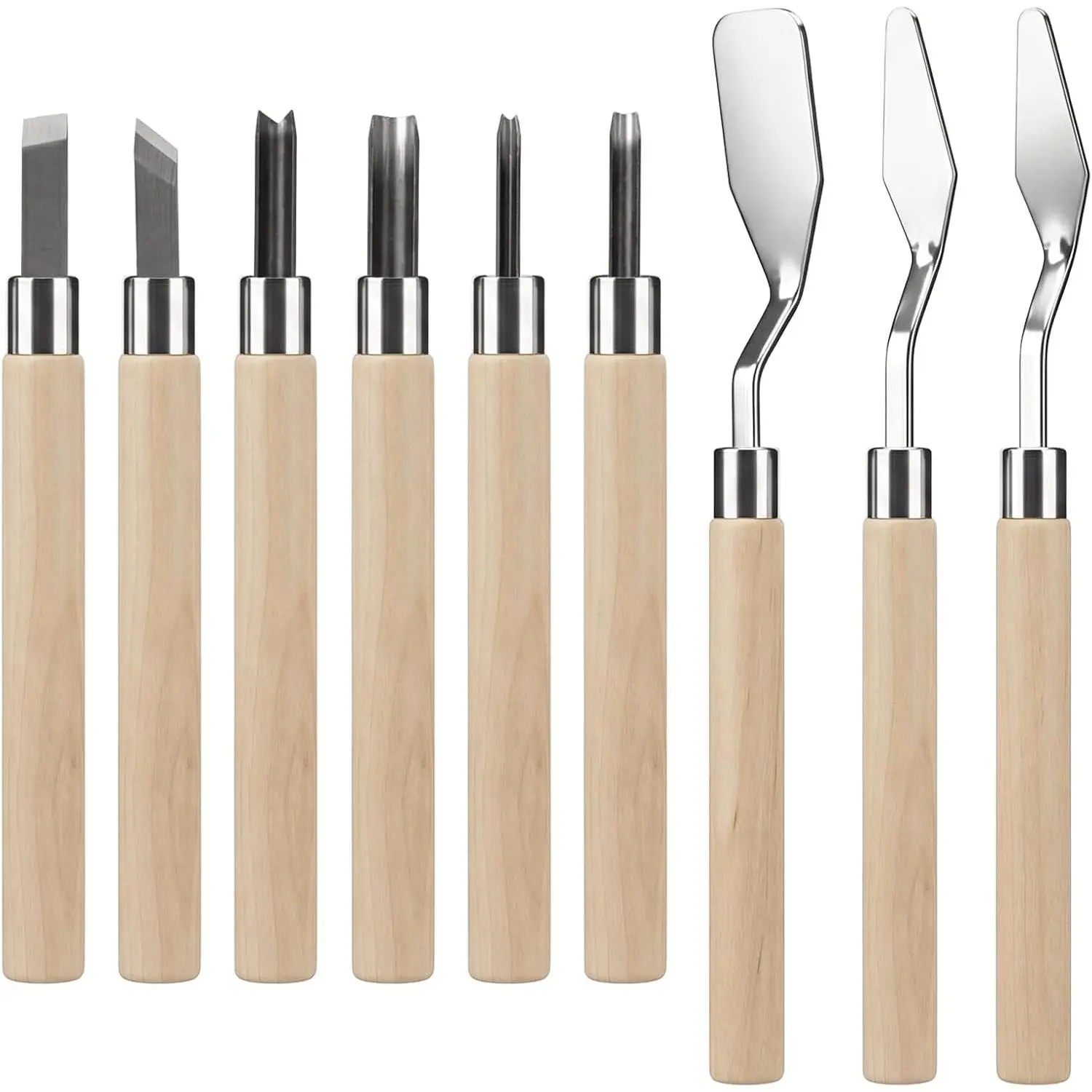9 Piece Printmaking Kit with Wood Handle Linocut Tools, Durable Stamp Carving Set for Beginners and Experts, Includes Stainless Steel Blades and 3 Scrapers for DIY Crafts, Easy To Use, 9 Pcs