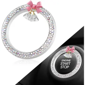Cute Bow Bling  Engine Stop Decoration Ring, Push Start Button Cover, Rhinestone  Ring for  Buttons & Knobs, Auto Key lgnition Knob Starter Sticker for Women Girls (AB)