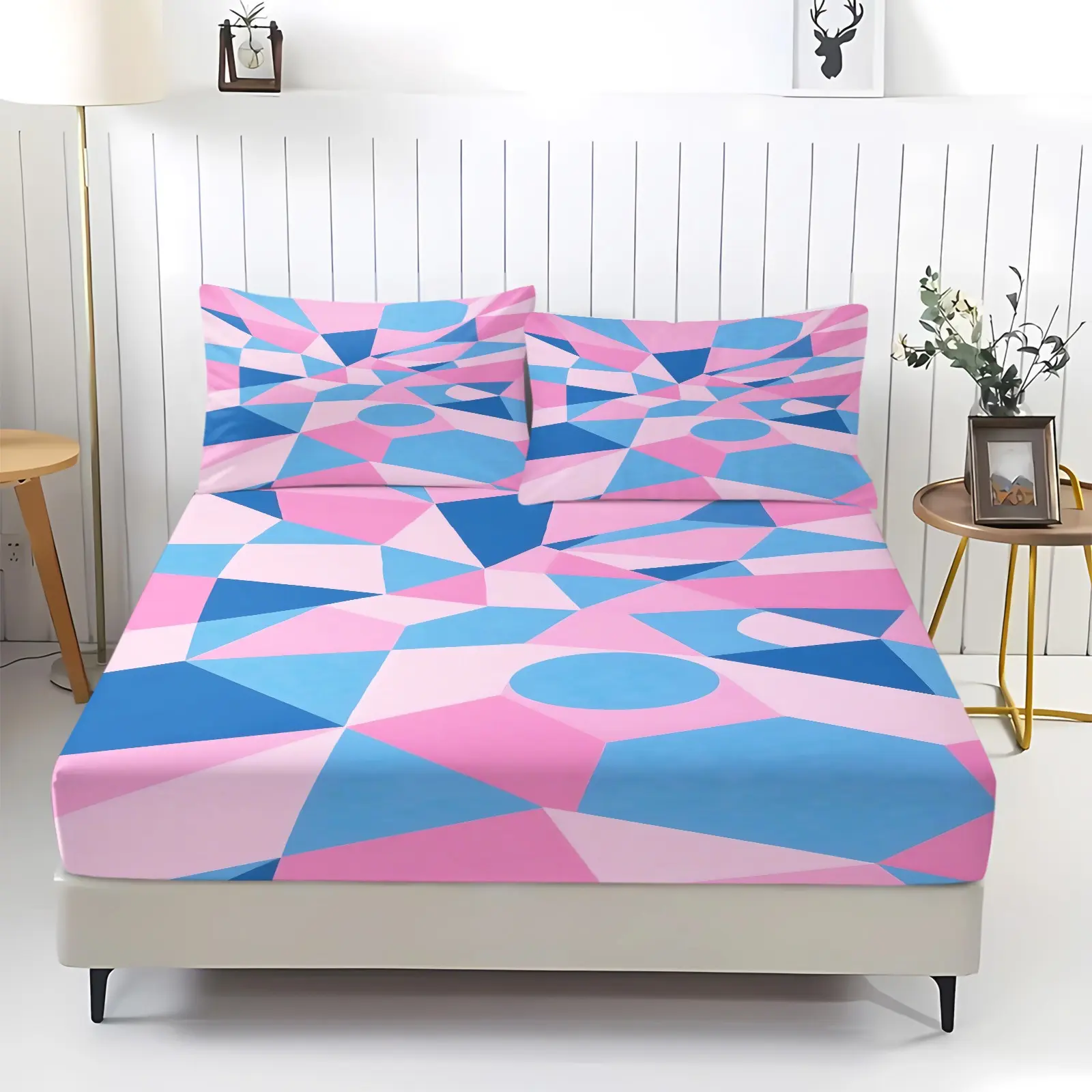 Pink Blue Geometric Triangle Circle Fitted Sheet Set, Bed sheet set, Pastel Abstract Color Block Digital Print Bedding, Soft Deep Elastic Pocket, Machine Washable, Includes 2 Pillowcases - without Core, Cute Modern Bedroom Decor