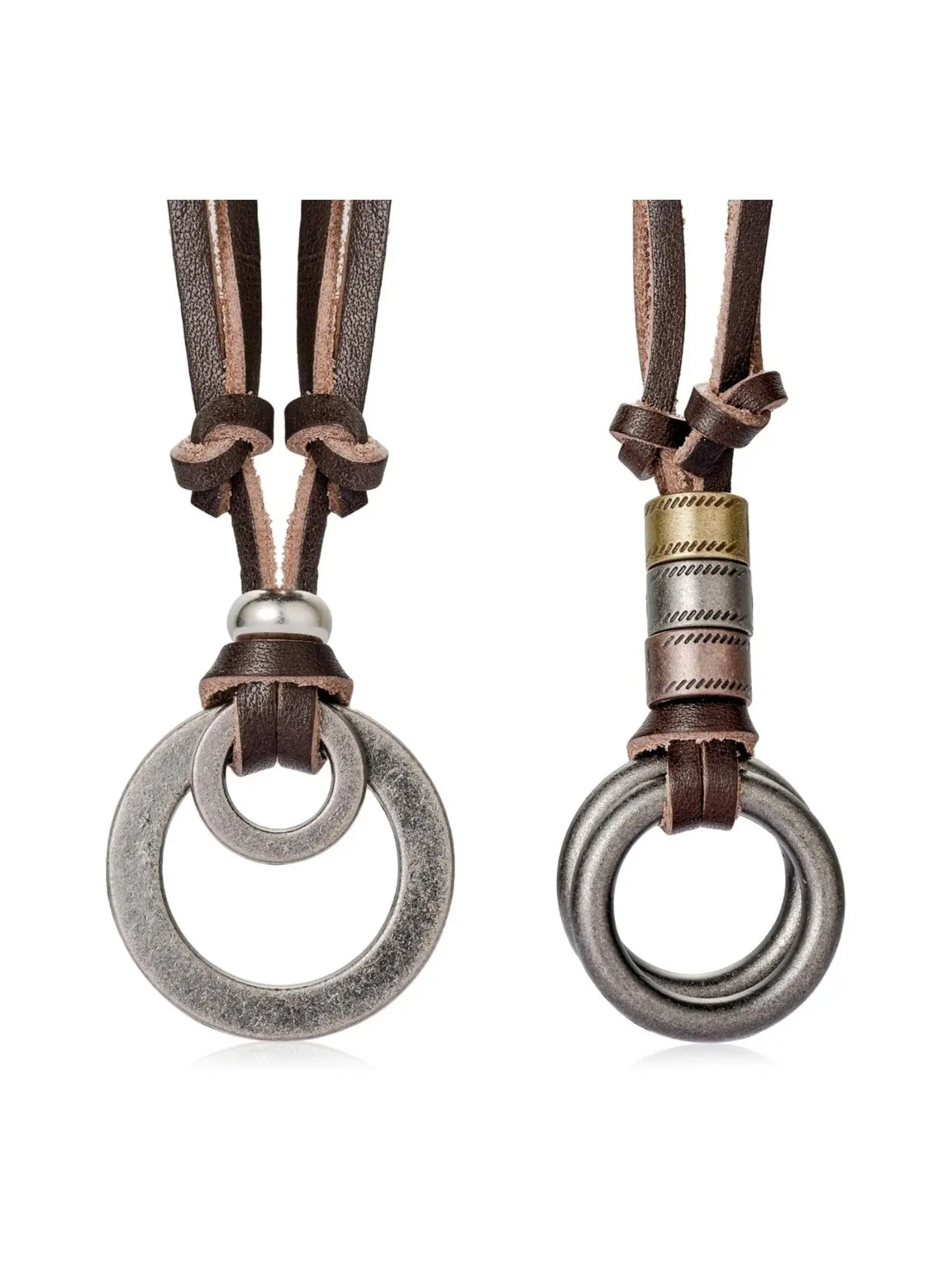 2 Pcs Brown Vintage Leather Alloy Necklaces Set for Men Women Retro Ring Pendant Necklaces with Brown Braided Leather Cord Adjustable Length Boho Style Necklace Bohemian Punk Style Perfect Casual Jewelry for Everyday Wear Special Occasions