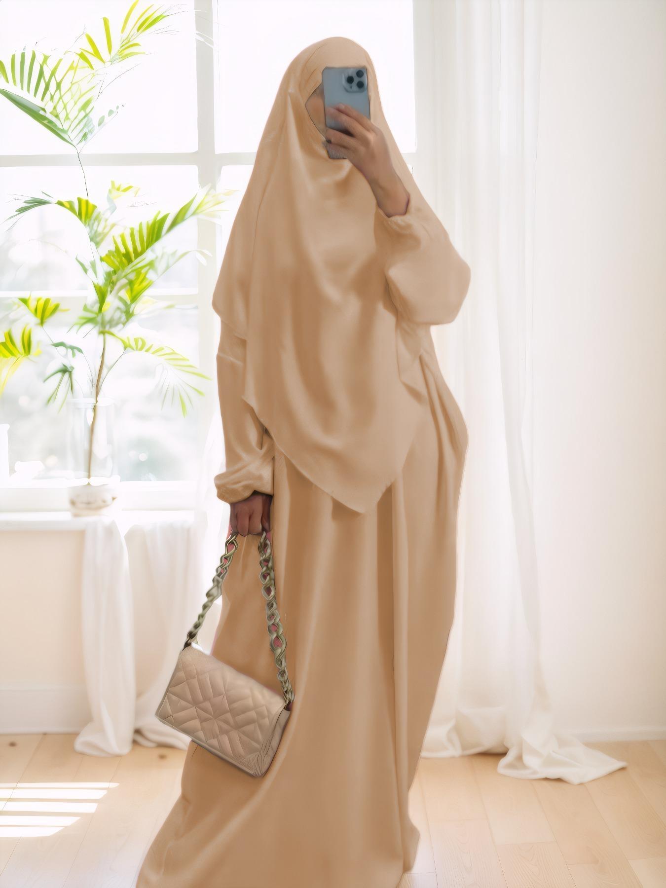 Women's Solid Long Sleeve Abaya & Hijab Set, Modest Fashionable Two-piece Outfits for Women, Women's Islamic Clothing for Daily Wear