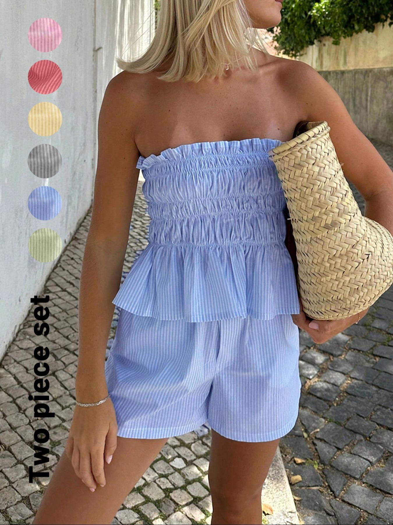 Two-piece Set Women's Striped Print Tube Top & Shorts Set, Casual Strapless Top & Shorts for Daily Wear, Ladies Clothes for Summer Outfit