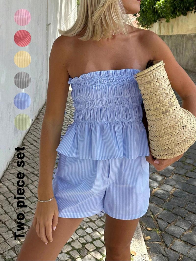 Two-piece Set Women's Striped Print Tube Top & Shorts Set, Casual Strapless Top & Shorts for Daily Wear, Ladies Clothes for Summer