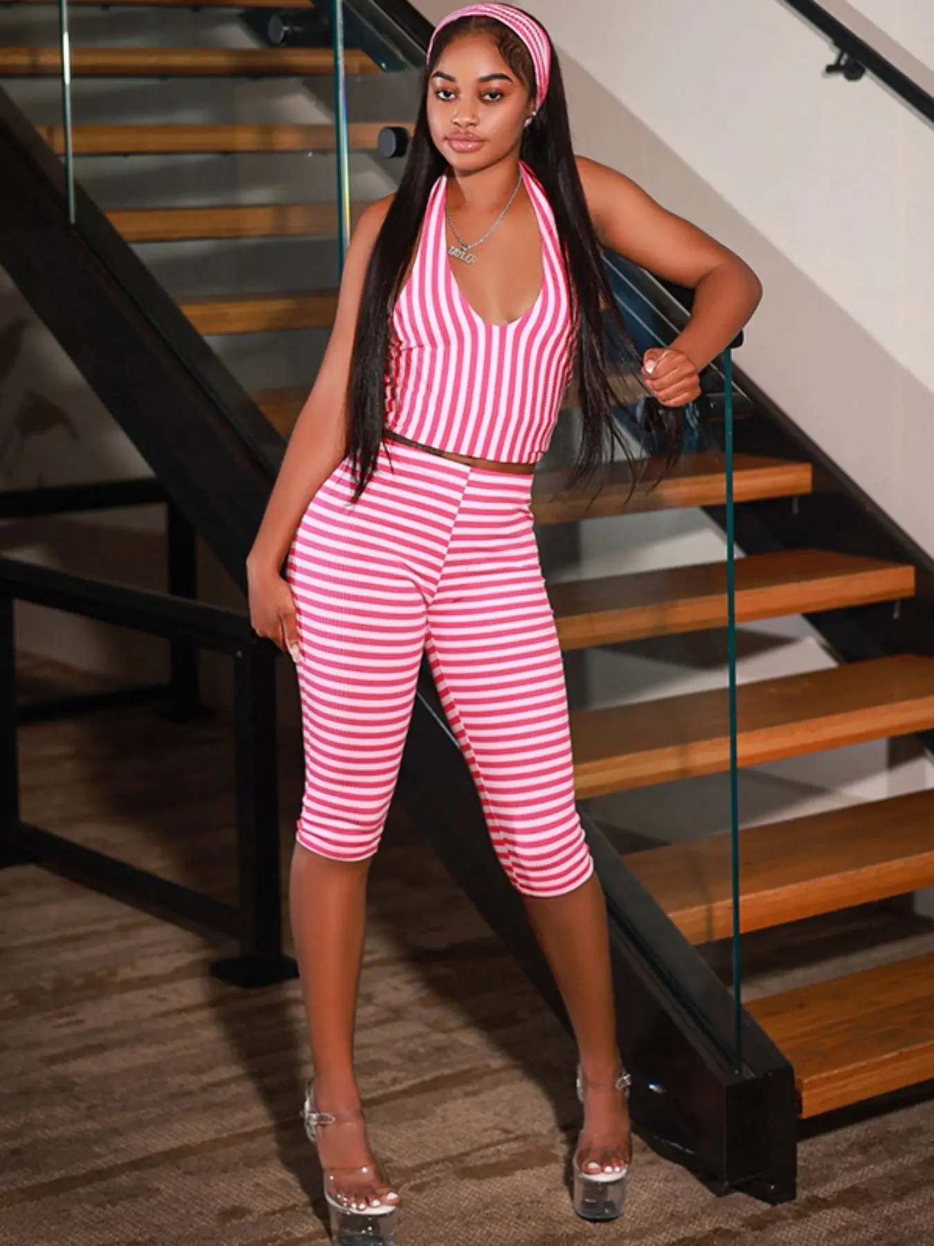 Women's 3-Piece Set, Tight Striped Tank Top with High-Waisted Seven-Eighths Pants + Headband, Fashionable and Comfortable