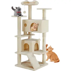 54inch Indoor cat climbing frame--multi-level pet house, suitable for large cats, equipped with 2 cat nests, scratching posts, round platforms, small ladders and toys, beige