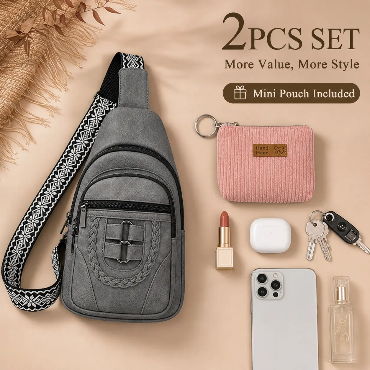 Women’s 2-Piece Vintage Washed Sling Bag Set with Mini Pouch, Multi-Pocket Crossbody Chest Bag with Adjustable Embroidered Wide Strap for Daily Travel