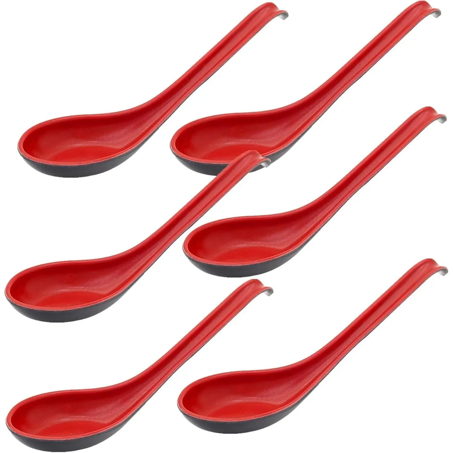 6 count  Soup Spoons Long Handle with Hook Red and Black Chinses Ramen Spoon  Ramen Wontons Soba Rice Noodle Pho Kitchen Flatware