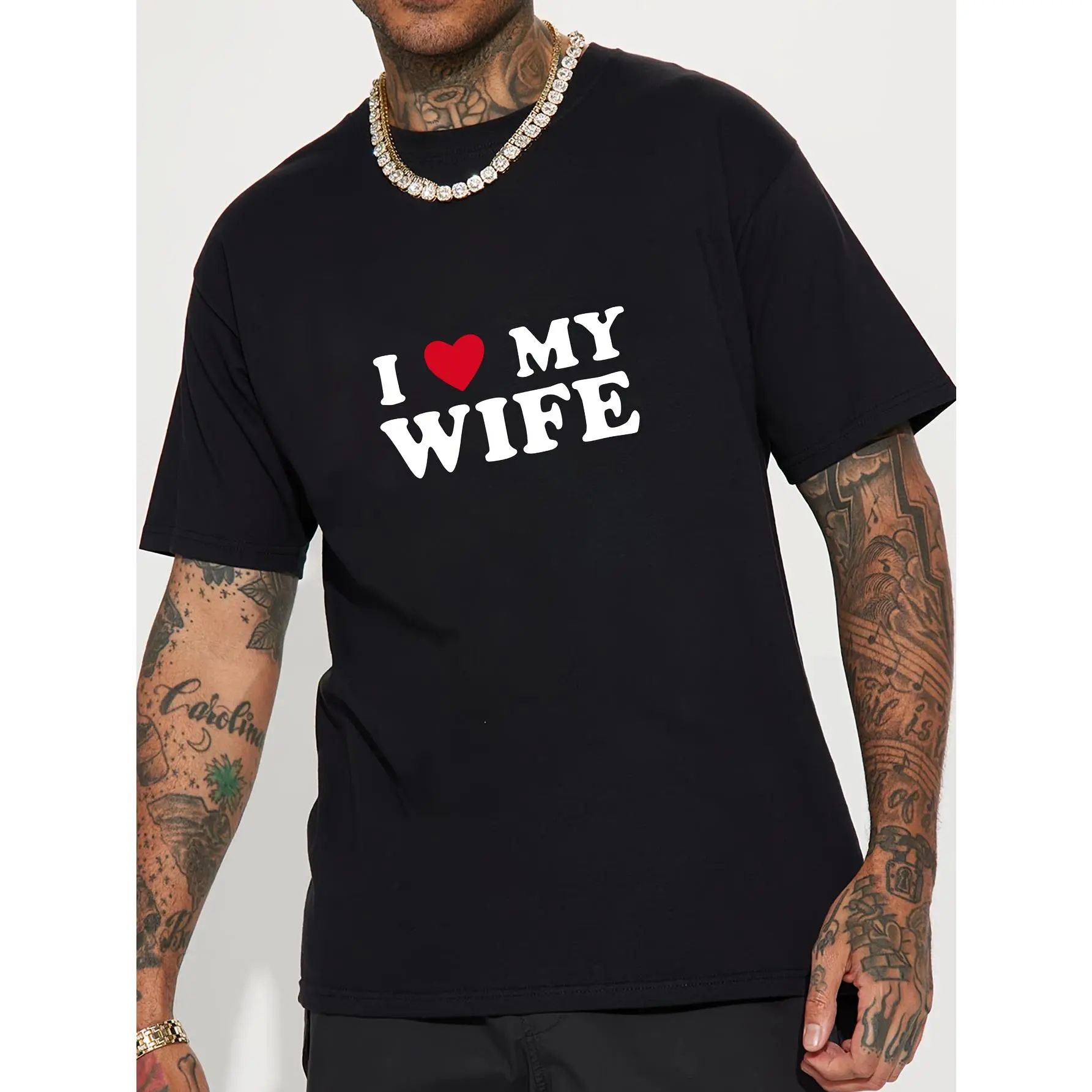 Men's Plus Size "I My Wife" Lettering T-Shirt Compatible for.com - & Tall Casual Round Neck Short Sleeve Tee with Wife, Machine Washable for - Wear (Announcements/ Branding), PLUS SIZE