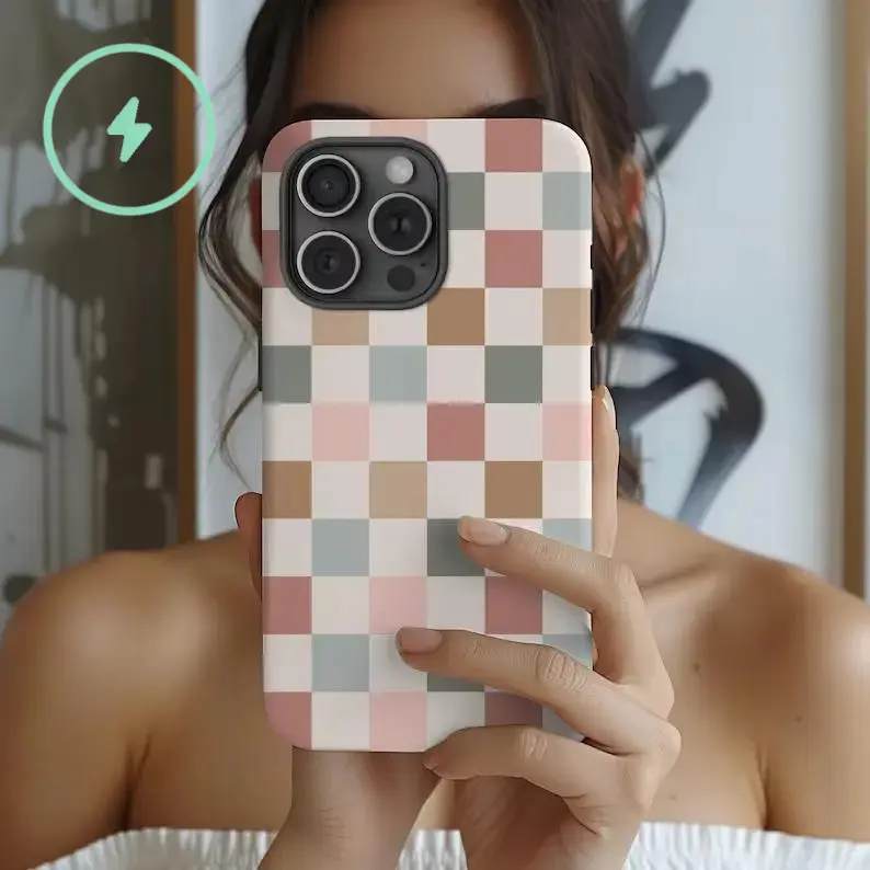 Phone Case Compatible with MagSafe, BOHO CHECKERED Case Cute Neutral Phone Cover for iPhone 16 15 14 13 12 Pro Max Plus Mini Trendy Phone Accessories Gift For Her Sweet Protection Protective
