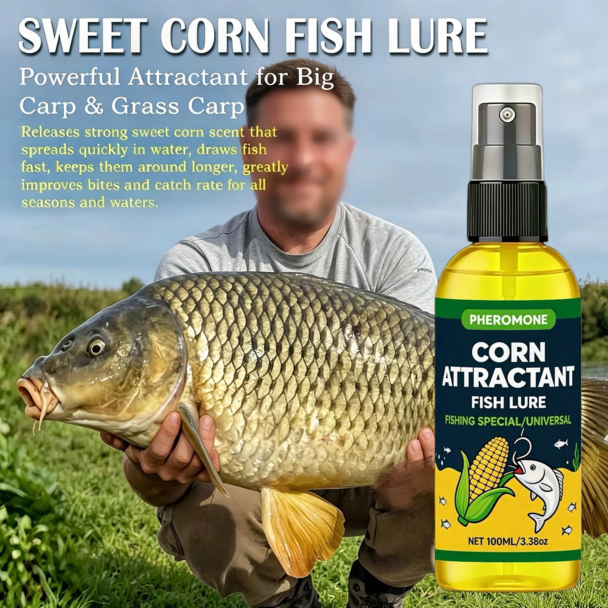 Sweet Corn Feast Bait Attractant, Natural Concentrated Corn Essence, Long-Lasting Sweet Aroma, Steady Release Formula, Wide Water Dispersion, Ideal for Carp, Crucian, Roach, Bream, Perch & European Coarse Fish