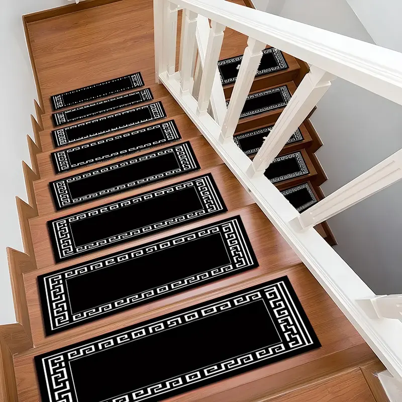 6/8/15 Piece Stair Mat Set, Base Chinese Pattern, Indoor Outdoor Non-Slip Carpet, Rubber Bottom, Ideal for Kids, Elderly, Pets