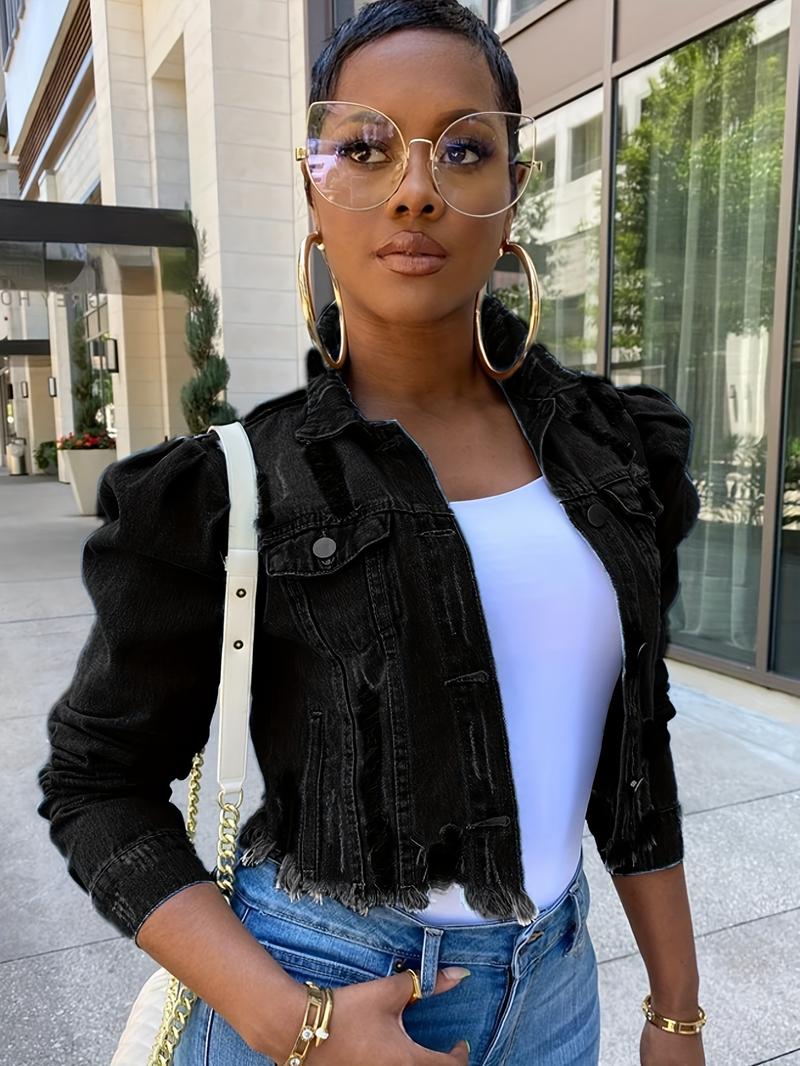 Women's Distressed Denim Jacket - Casual Black Cropped Jean Coat with Raw Hem & Puff Sleeves, Button- Style for Spring/Fall