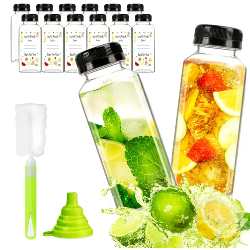12pcs 12oz Plastic Juice Bottles, Reusable Juice Containers with Black Tamper Proof Lids, Brush, Funnel and Labels, Clear Juice Containers for Juicing, Smoothie and Homemade Beverages
