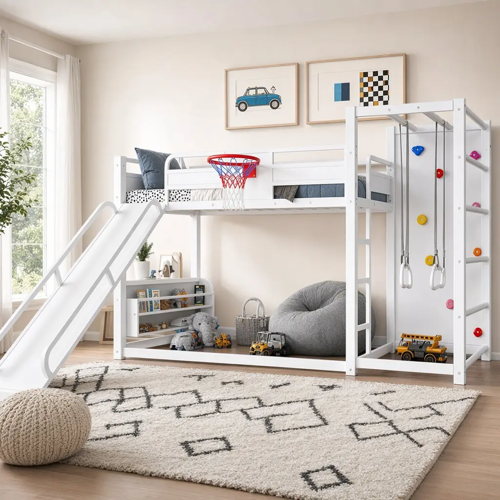 ARCH Twin Metal Loft Bed for Kids' Bedrooms - 41.73" W x 106.70" D x 55.12" H, Arch Twin Loft All-in-1 Play & Sleep, Space-Saving, with Slide, Basketball Hoop, Climbing Wall, Pull-Up Rings, Bookshelves, White, Encourages Active Play, All-In-One Play & Sle