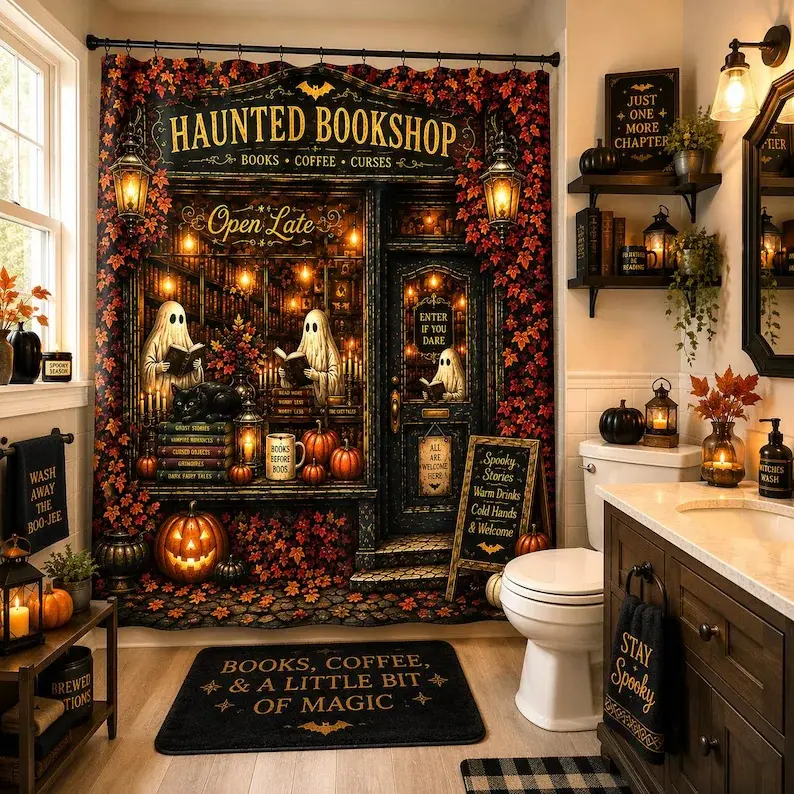 Haunted Bookshop Shower Curtain,Halloween Bathroom Decor, Book Lover Bathroom,Dark Academia Shower Curtain, Spooky Ghost Bath Decor,Home Essentials,Late summer home refresh,Bathroom Supplies,Back To School