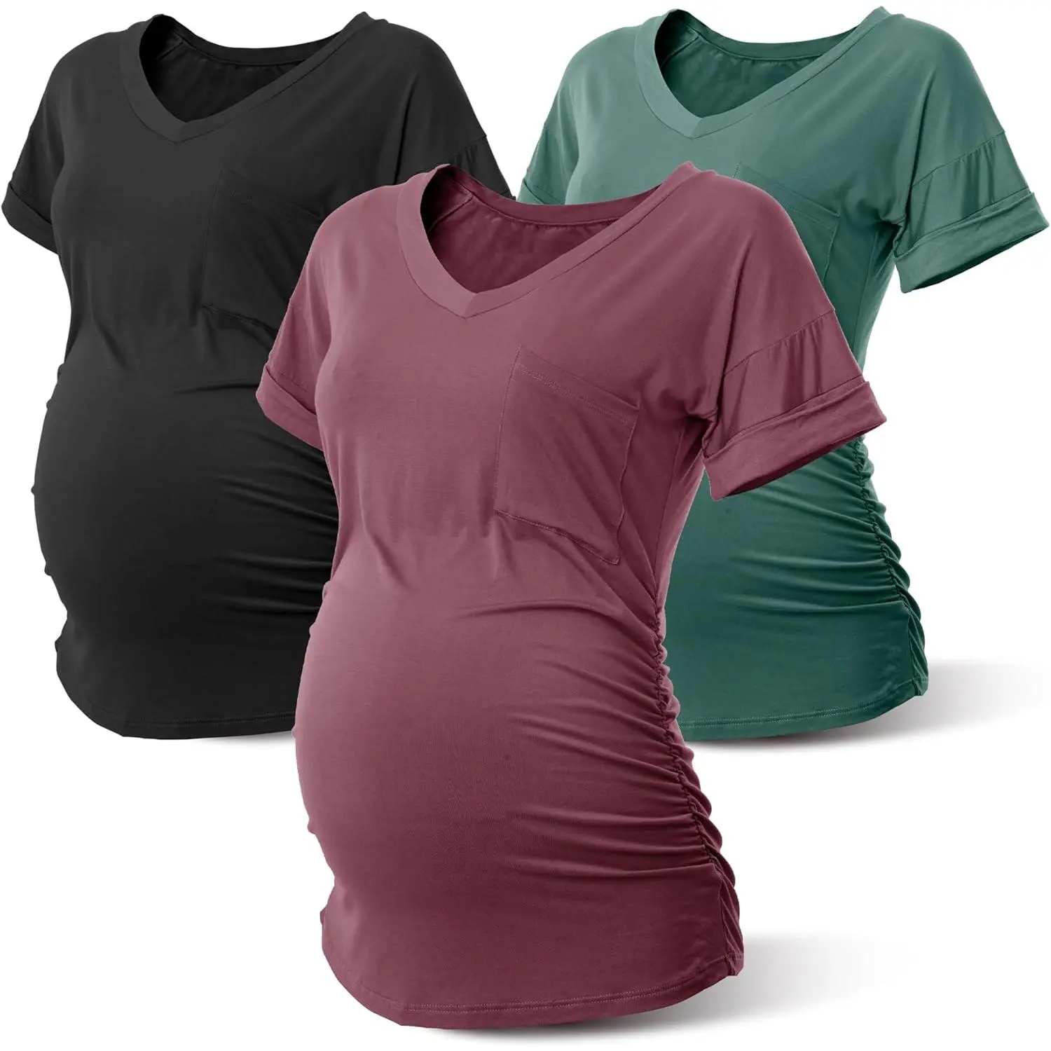 3 Pack Maternity Shirts for Women, Casual Fit V-Neck Summer Tops, Short Sleeve Pregnancy Tees with Side Ruching to Dress the Bump, Casual Fit Maternity