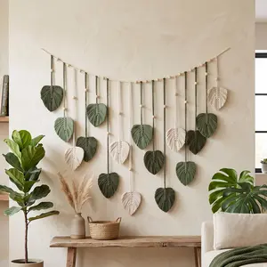 Handmade Macrame Leaf Wall Hanging – Wven Boho Tapestry with Wooden Beads, Sage & Cream Home Accent for Bedroom, Kitchen & Bath