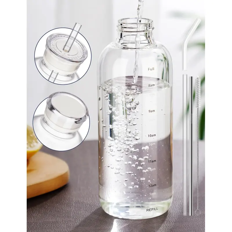 25oz/750ml Clear Glass Water Bottle with 2 Caps & Stainless-Steel Straw, High Borosilicate Glass Drinkware Portable Tumbler Mug cup  lids