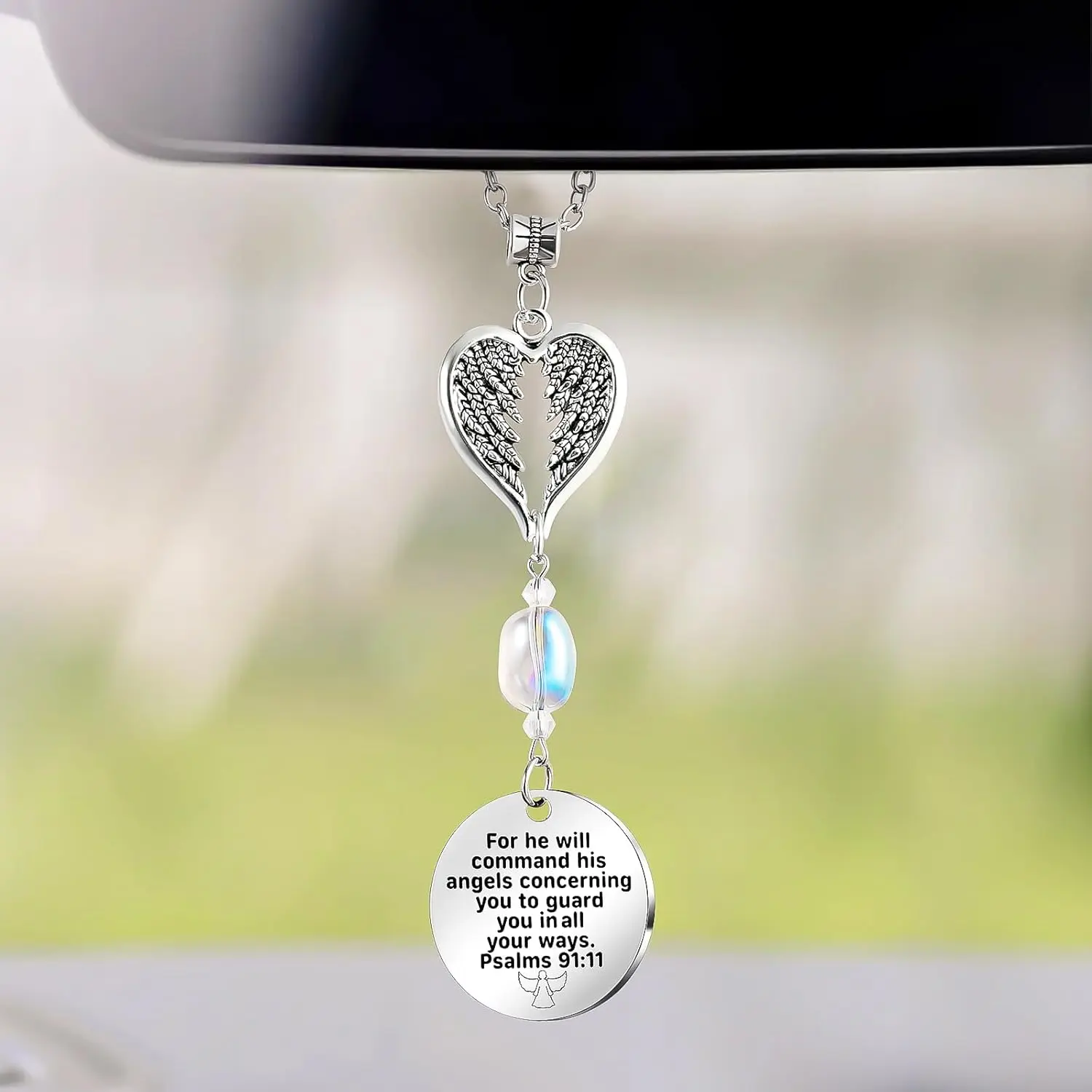 Christian Guardian Angel Car Charm with Cross - 2pack Set, Unique Design Bible Religious Gift, Rear View Mirror Interior Decoration for Women (Psalm 91:11)