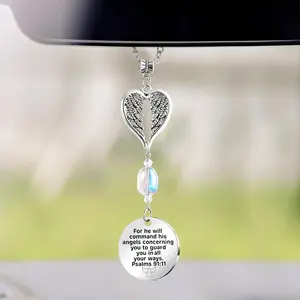 Christian Guardian Angel Car Charm with Cross - 2pack Set, Unique Design Bible Religious Gift, Rear View Mirror Interior Decoration for Women (Psalm 91:11)