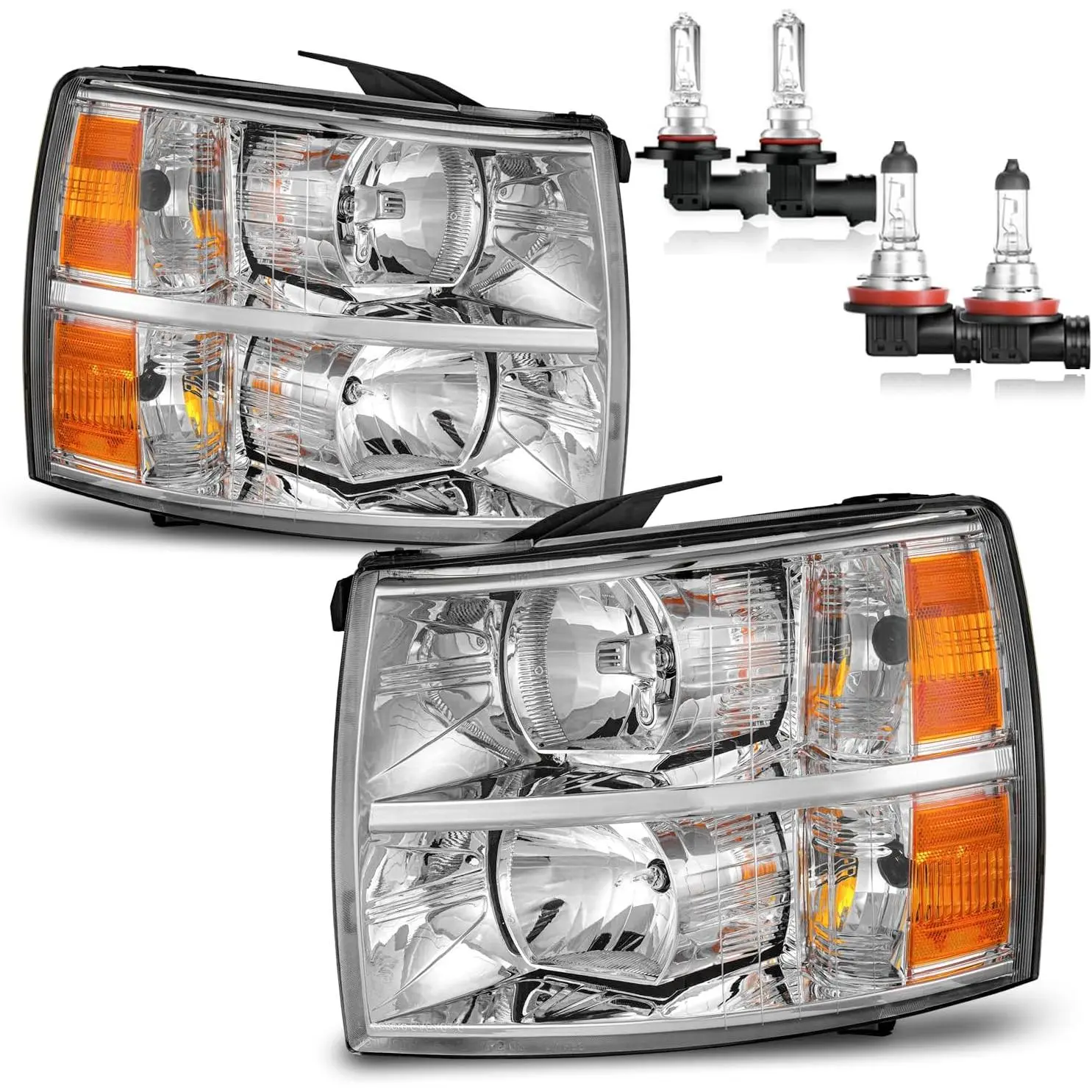 Halogen Headlight Pair Set with H/L Beam Bulbs for 2007-2013 Chevy Silverado 1500, 2007-2014 Silverado 2500 HD-3500 HD, Waterproof Chrome Car Headlamp Replacement for Driver & Passenger Side, Chevy Trucks