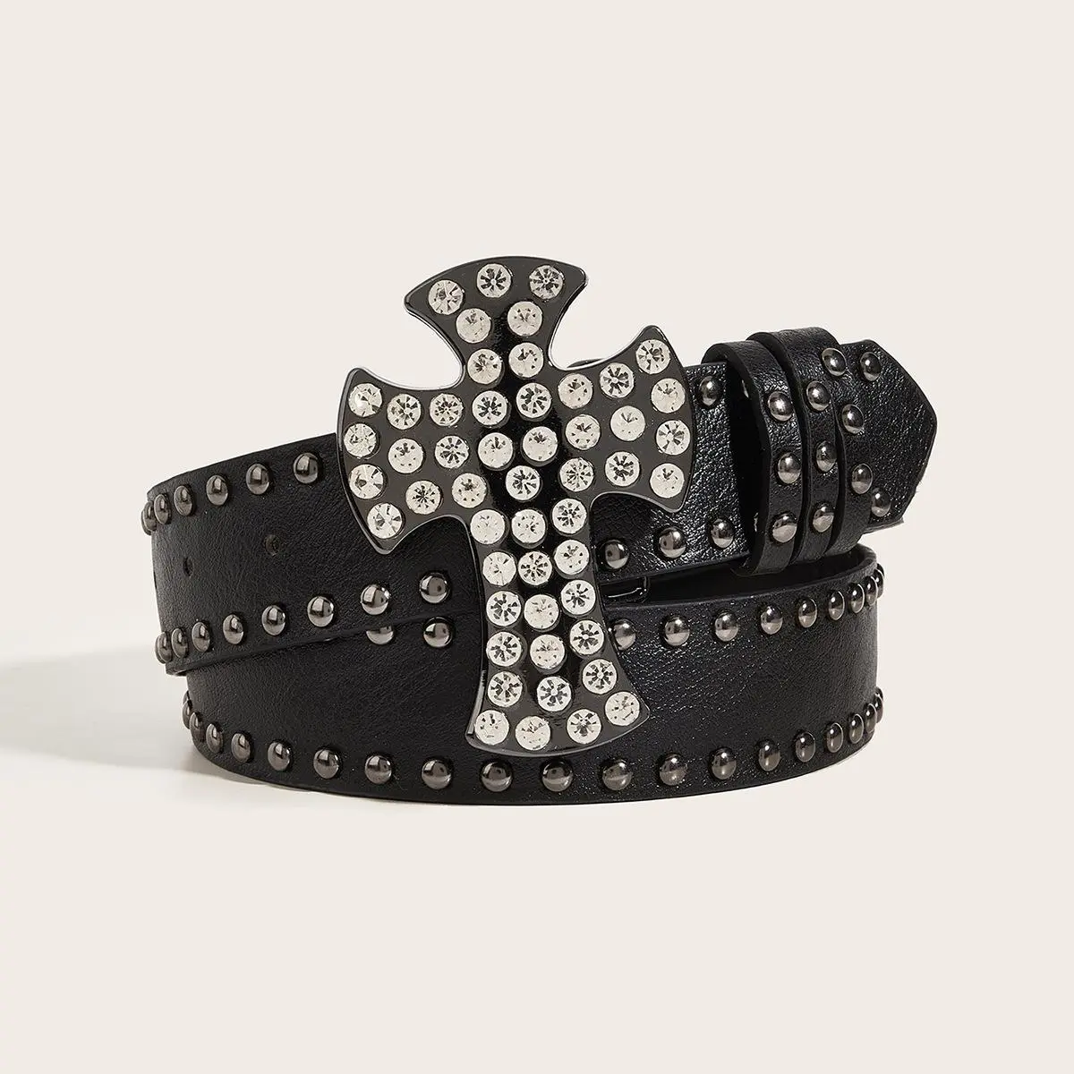 Rhinestone Cross Buckle Studded Faux Leather Belt, Unisex Gothic Punk Y2K Waist Belt, Edgy Rock Fashion Accessory for Festival Street & Concert Outfits
