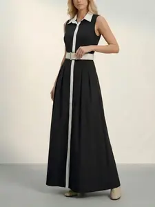 Women's Contrast Lapel Sleeveless Shirt Dress, Elegant Waist Cinch A-Line Long Dress, Casual Office Business Vacation Style