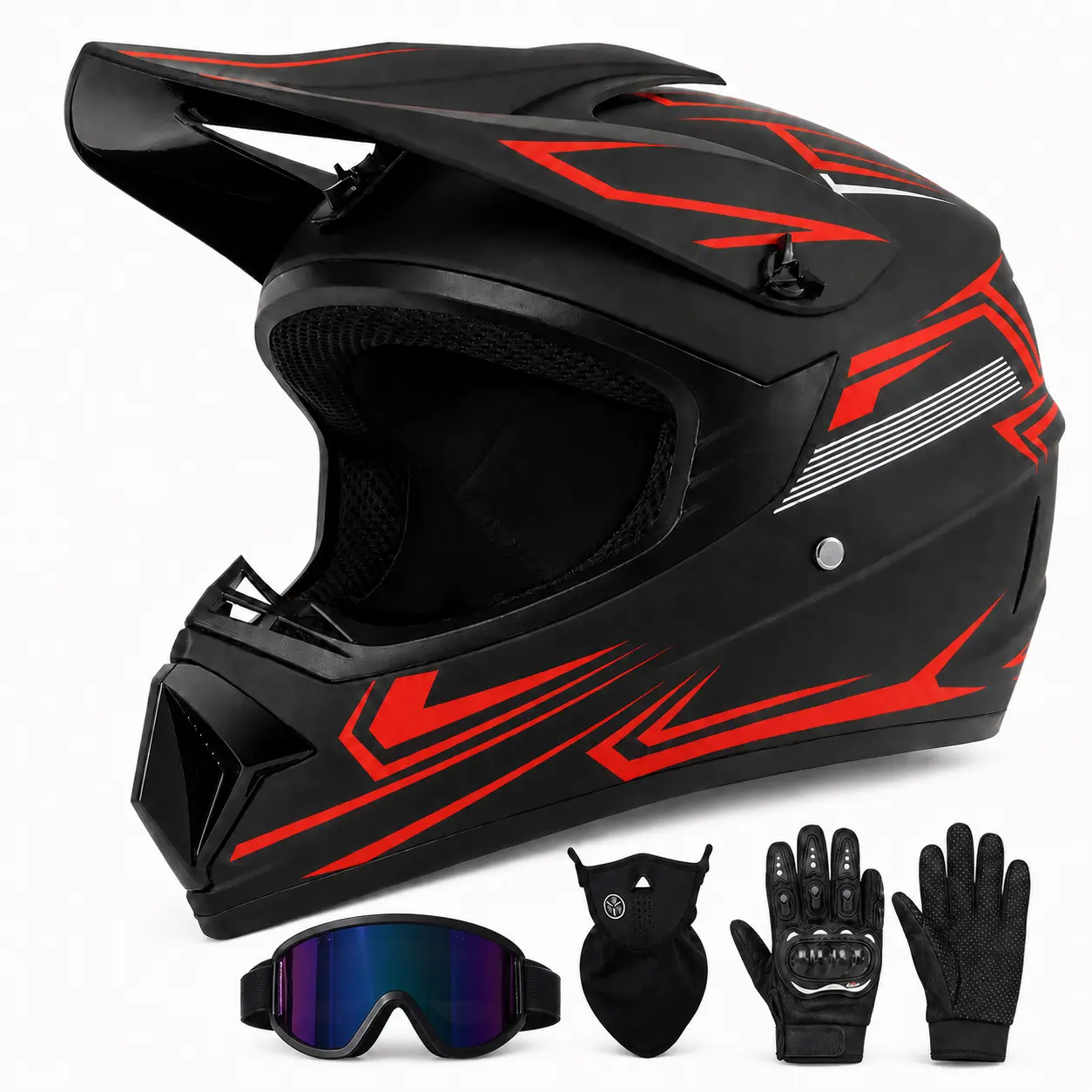 Motocross Helmet, UV-Protective Goggles that Help Reduce Daily Fogging, for Adult Men and Women, Dirt Bike Motocross Motorcycle Trail Riding, DOT Compliant - Meets FMVSS No. 218, 4-Piece Set with Helmet Goggles Gloves and Face Mask, S-XL 52-59 cm