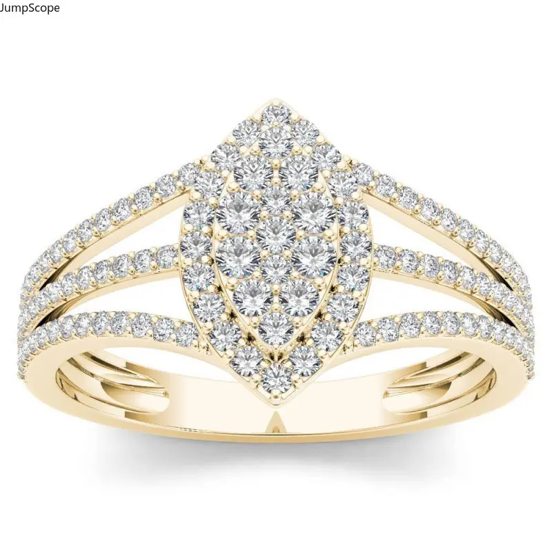 Women's Triple Split Hollow Shank Marquise Cluster Full Pave Zircon Statement Ring - Mirror Polished Gold-Plated MDF+Steel Base Multi-Row Band, Statement Pieces for Wedding Wear, Prom (Indoor Recreation Accessory), Full Pave Zircons