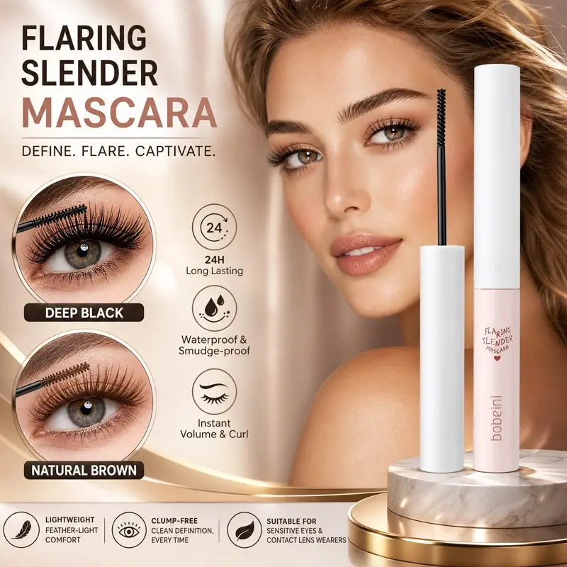 Ultra thin micro wand flaring slender curl mascara in deep black and natural brown, lightweight clump-free cream coats tiny under-lashes to lift and lengthen straight sparse lashes for clean daily office makeup and delicate evening party eye styling