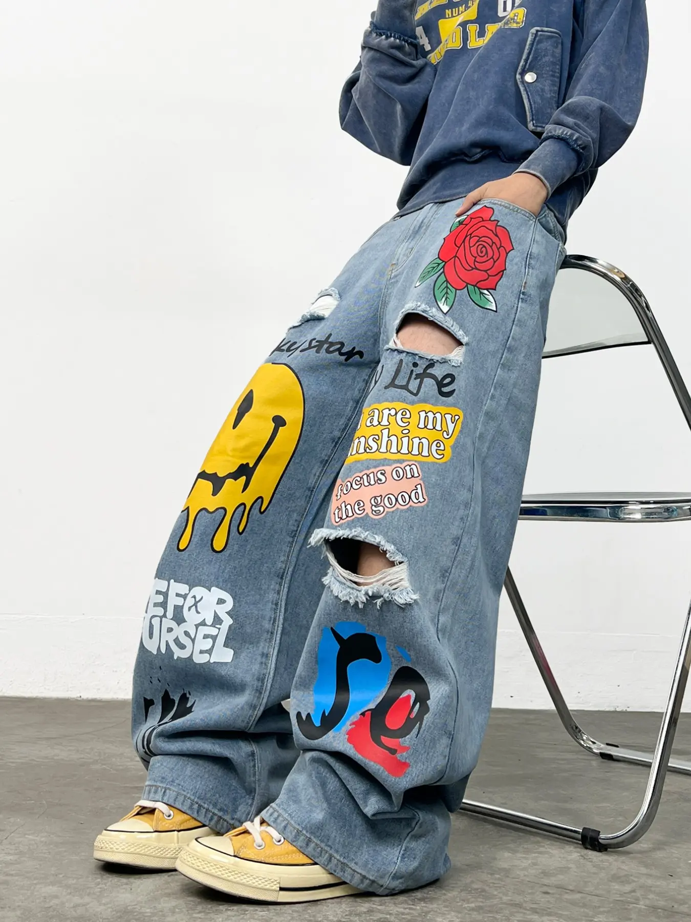 Men's Blue Jeans with Smiley Face Graffiti Print Rips, Loose-Fit Baggy Oversized Wide Leg Pants, Y2K Streetwear Street Style Fashion, All Seasons, Multiple Sizes Available