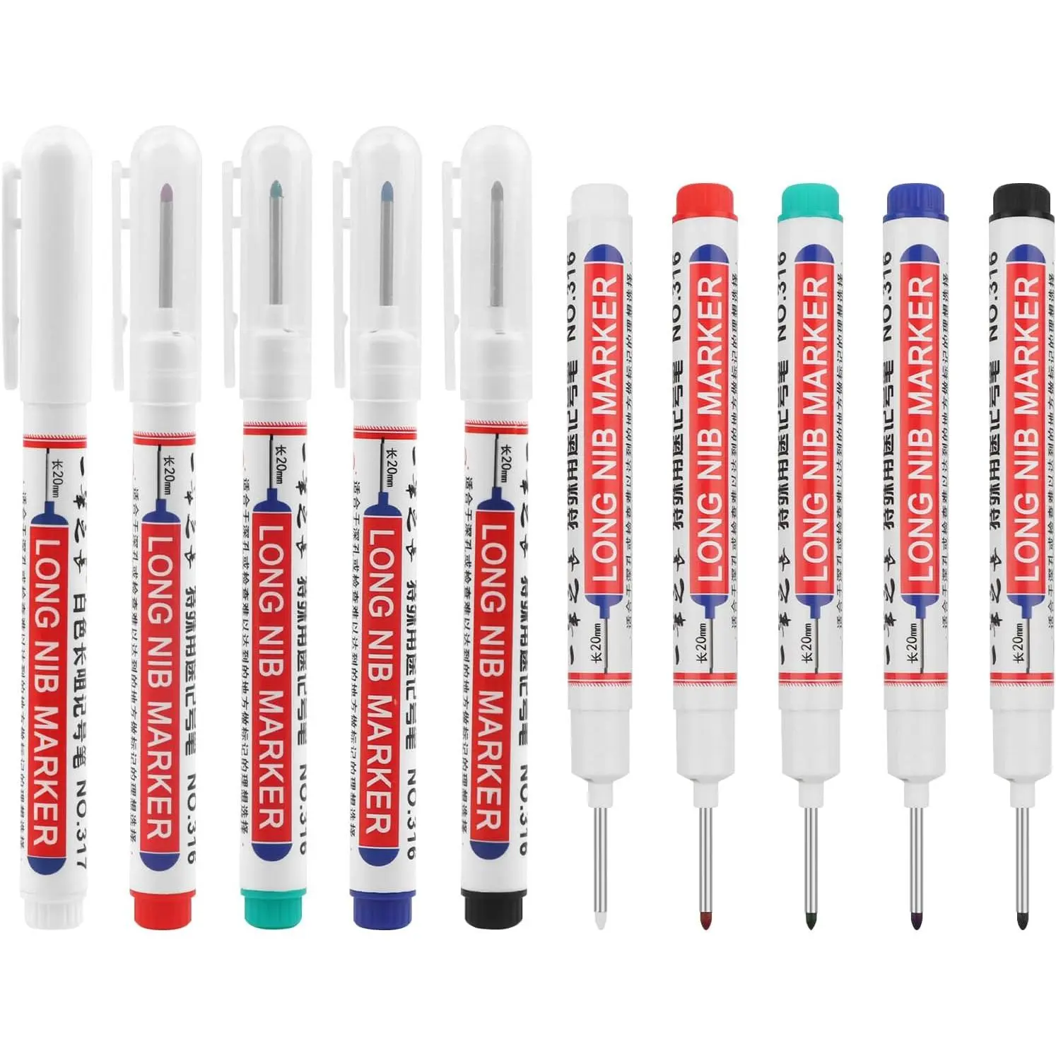 10 count Long  Deep Hole Marker, 20 mm Long Nib Marker Quick-drying  Permanent Pens, 5 Colors Metal marking Pens for Construction Carpenter Woodworking