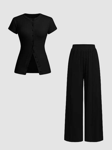 Women's Solid Color Fitted Knit Button Front Top & Wide Leg Pants, Casual Two-piece Set for Daily Wear, Ladies Clothes for All Seasons