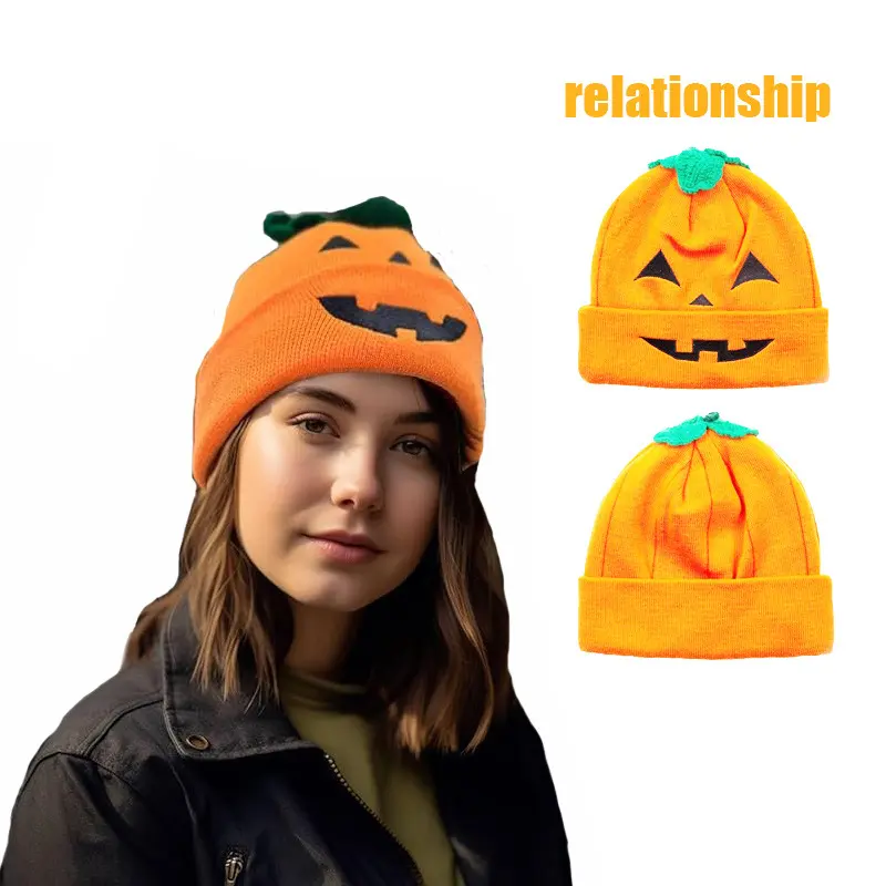 Halloween Pumpkin Knit Beanie, Funny Face Cuffed Warm Skull Cap, Unisex Novelty Knitted Hat for Fall Winter Festival Party Cosplay Dress‑Up