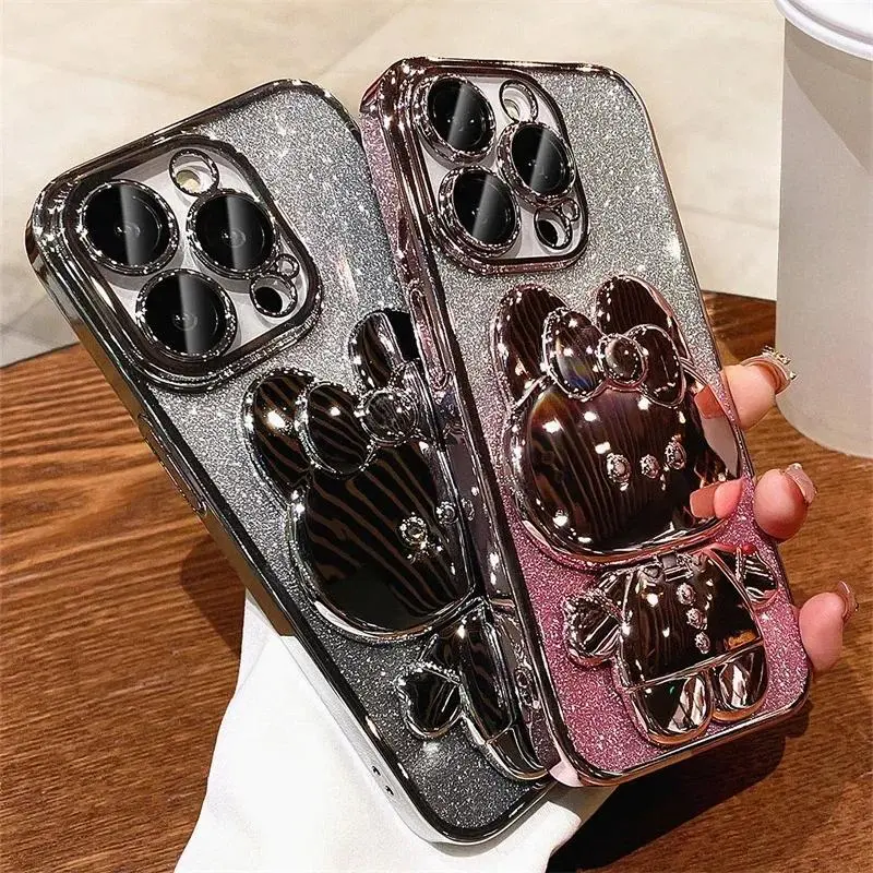 Folding Rabbit Makeup Mirror Rotatable Holder Phone Case for IPhone 16 15 14 Pro Max Plus 5G for Apple Glitter Shockproof Cover