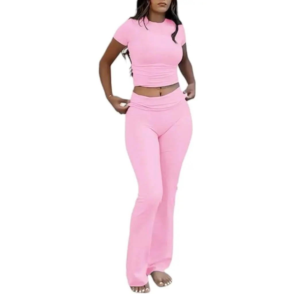 Women's 2 Piece Lounge Sets Short Sleeve Crop Top Foldover Flare Pants Casual Pajama Outfits