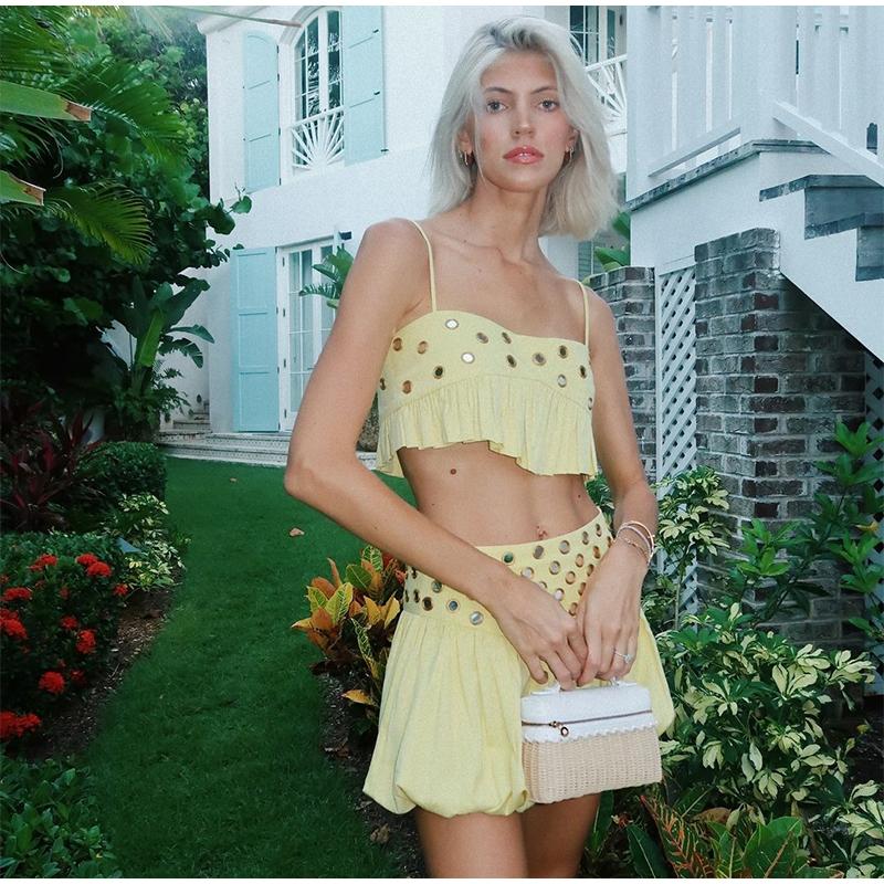 New2025Hollow Out Crop Tank Pleated Skirt Sets Women Ring Bead Strap Sleeveless Backless Vest A-line Skrits Suits Spring Street