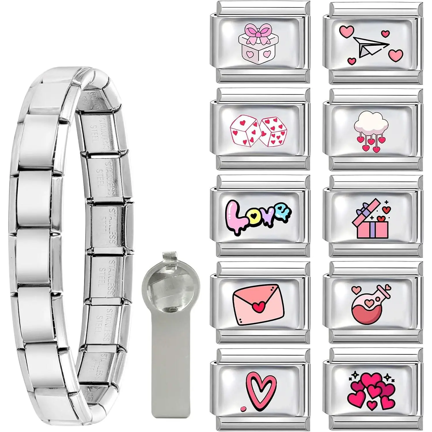 Italian  Bracelet Charms  Set with Starter Brascelet, Love  Italian Charms for Bracelets and Opening Tool, 9mm Modular Italian  Bulk Pack Links  DIY