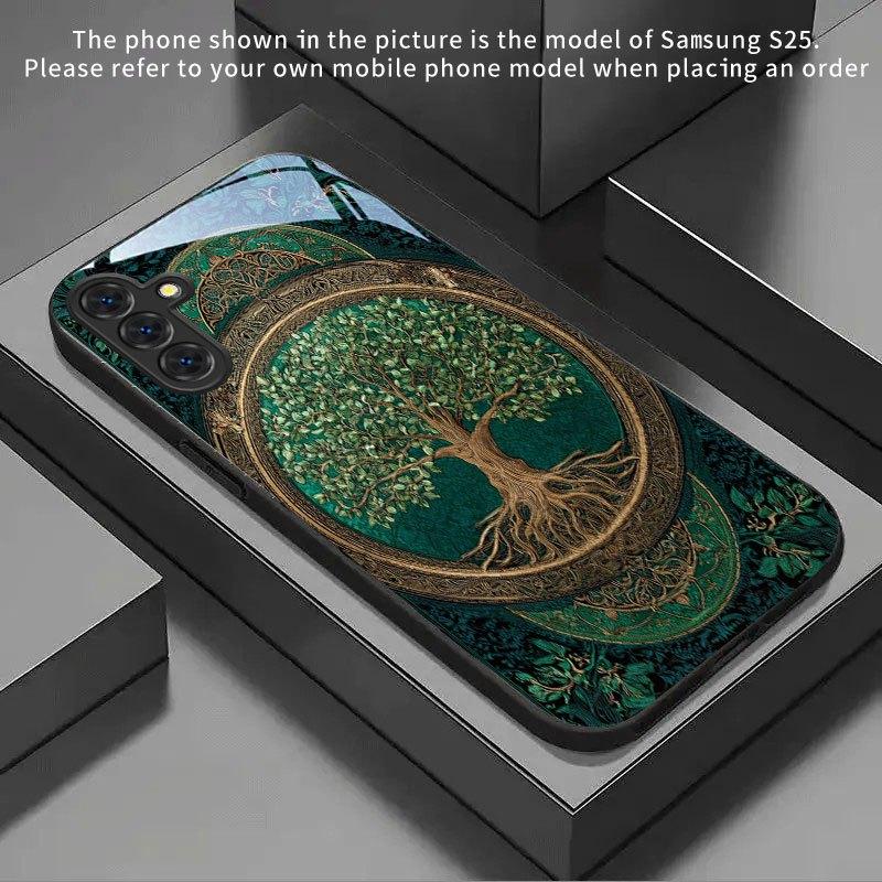 Phone Case: Golden Frame Tree of Life Pattern New Black Tempered Glass Phone Case for Samsung Galaxy S26 S25 S24 S23 S22Pro S21 S20 Fe Plus Ultra Pro A56 A55 A54 A53 A52 A51 A36 A35 A34 A32 A26 A25 A24 A23 A16 A15 A14 A06 A05 A03s