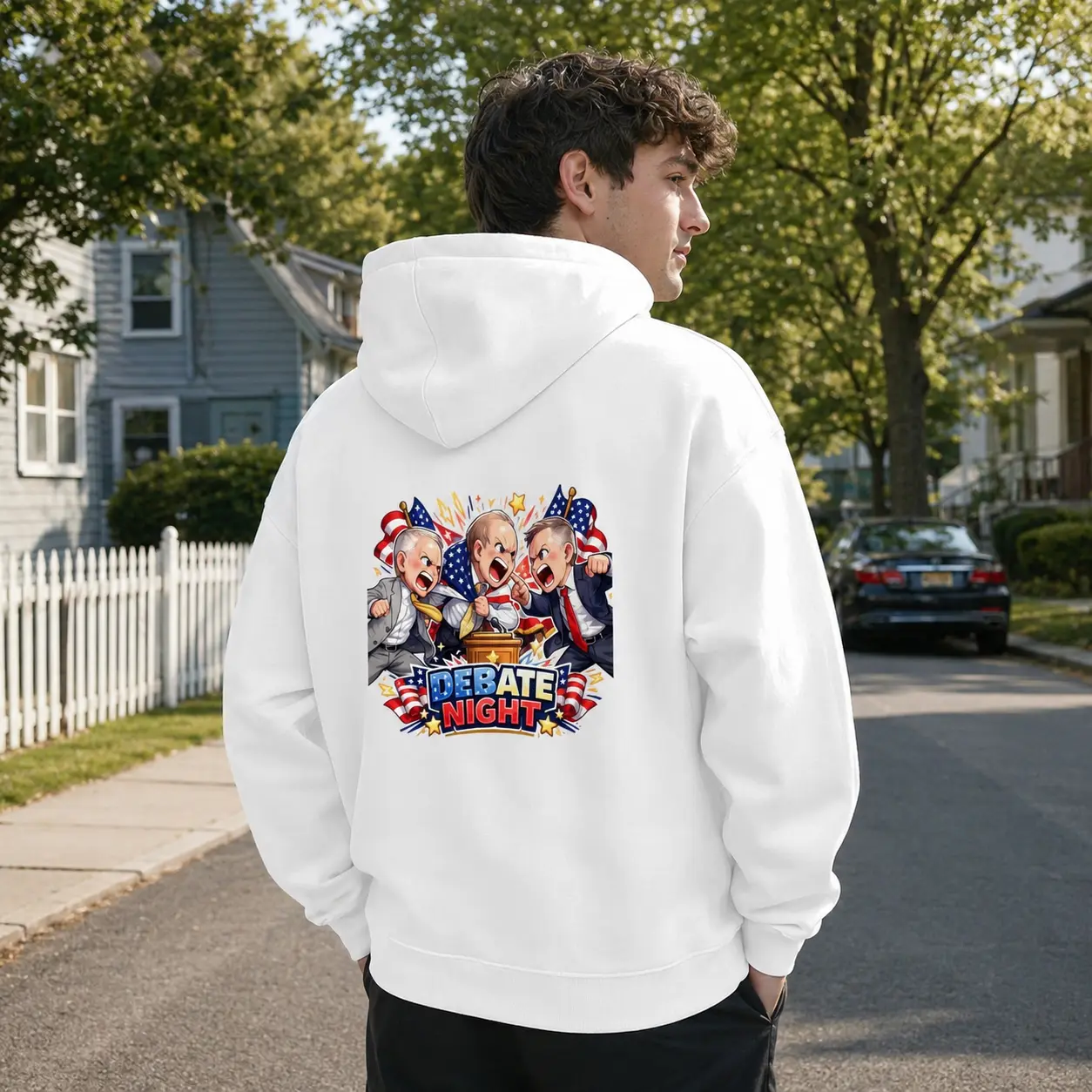 Vote Rumble Graphic Print Hoodie White Heavyweight Fleece Pullover Sweatshirt with Back Graphic