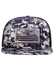Summer Hip Hop Cap, Unisex Pixel Digital Camouflage American Flag Mesh Patchwork Flat Brim Baseball Cap